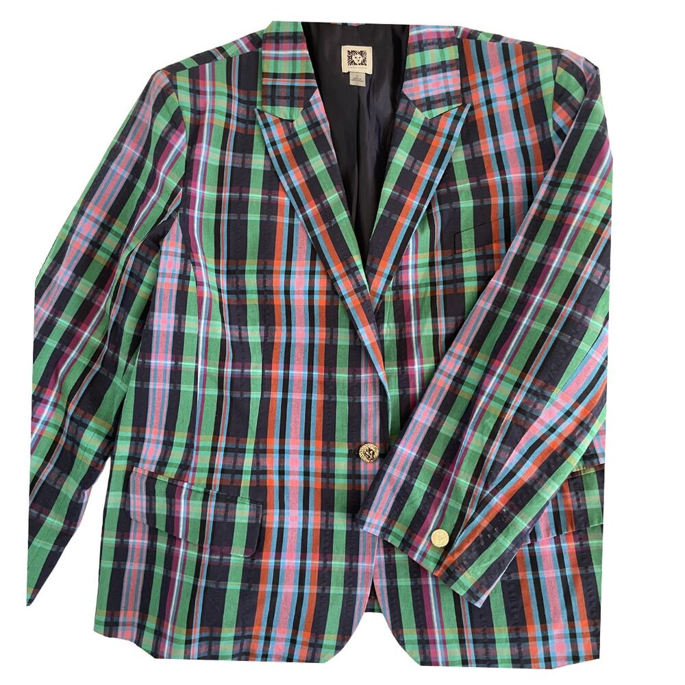 Vintage Anne Klein Plaid Blazer Jacket Gold Lion Buttons Preppy Academia Large